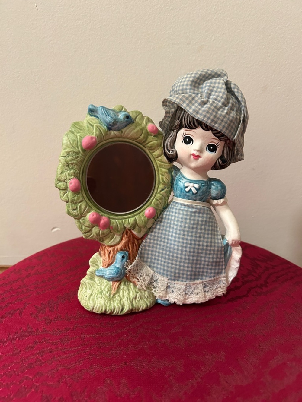 Vintage 1970s gingham girl mirror and tree ceramic bank